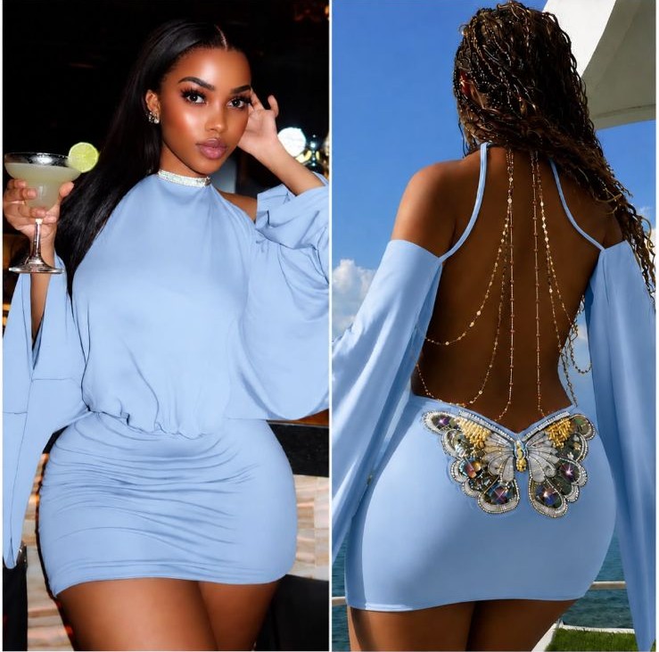 Sky Blue Butterfly Backless Mini Dress