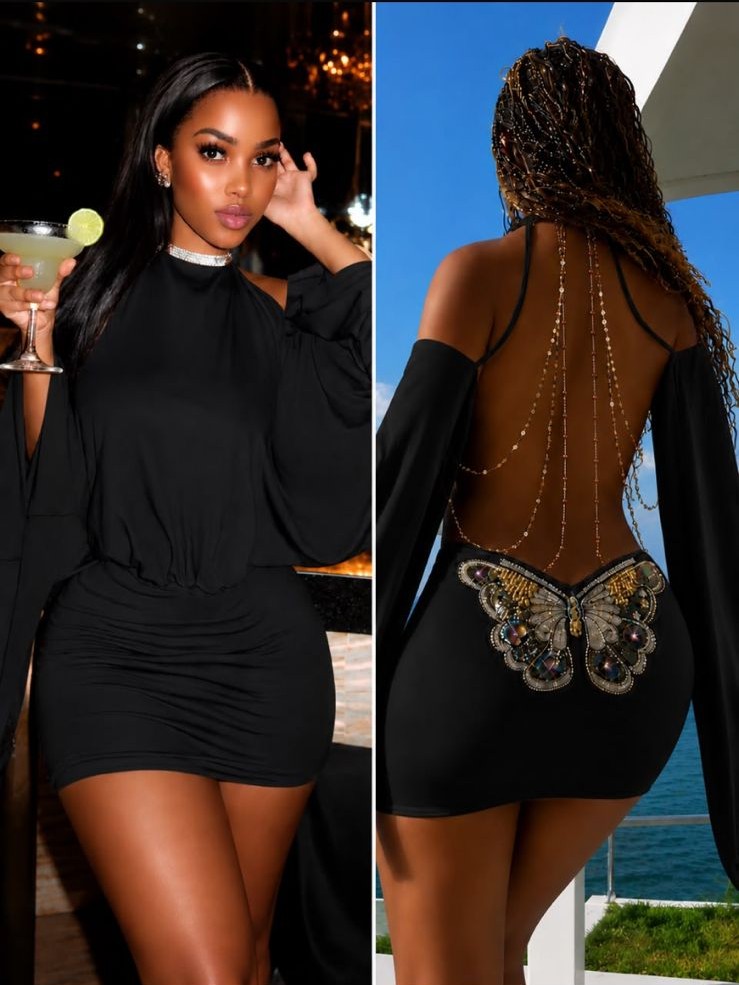 Black Butterfly Backless Mini Dress