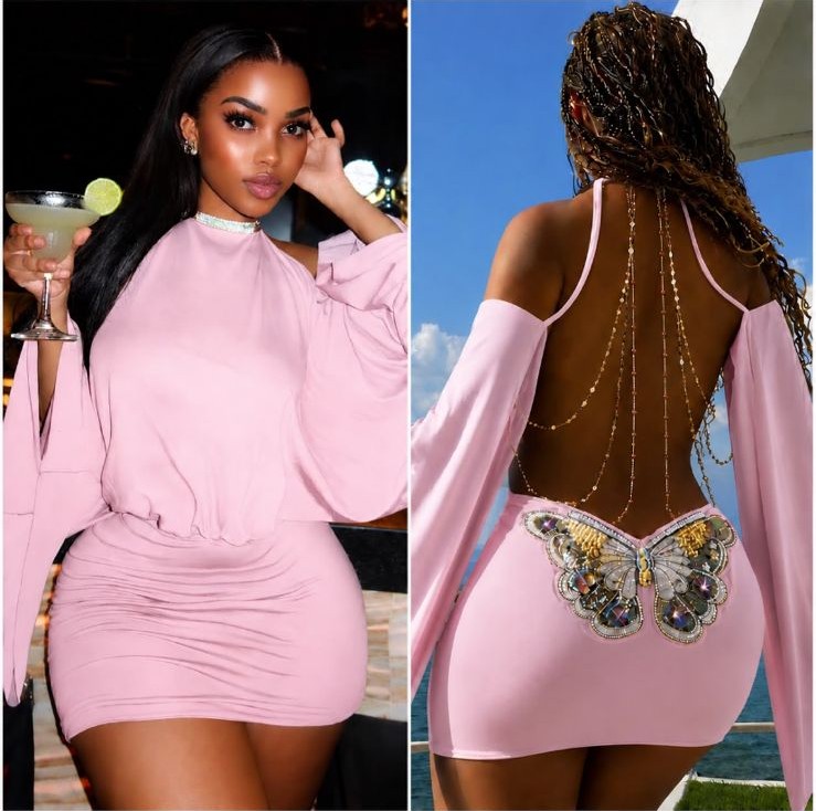 Pink Butterfly Backless Mini Dress